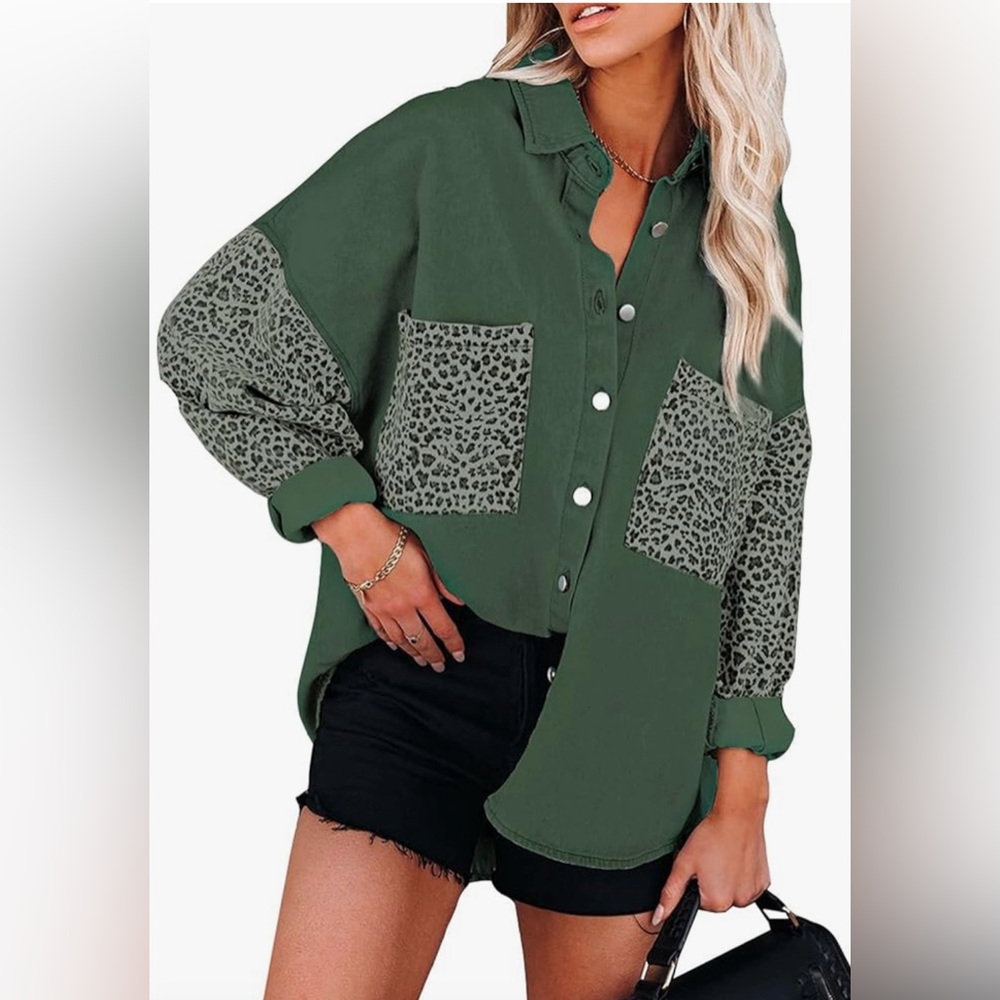 Womens Contrast Leopard Denim Jacket